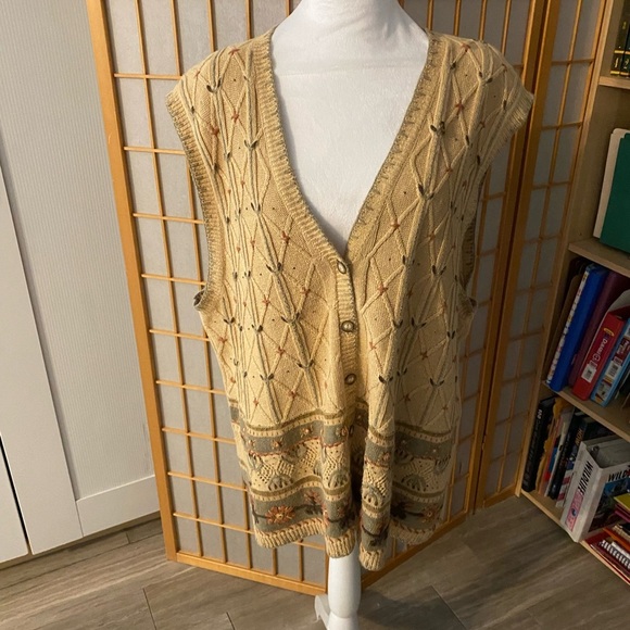 Vintage KORET Brown Button Down Sweater Vest Women XL ? Cotton Flower Khaki Tan - Picture 1 of 8